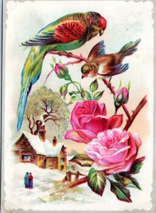 Trade Card - Woolson Spice Birds Roses and House in Winter