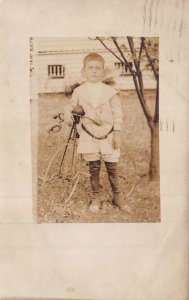 BUFFALO NEW YORK 1911 POSTMARK-YOUNG BOY-BICYCLE-BULB HORN~REAL PHOTO POSTCARD