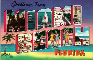 Vtg Carte Postale Grand Lettre Voeux De Miami Plage Floride Fl non Utilisé Unp