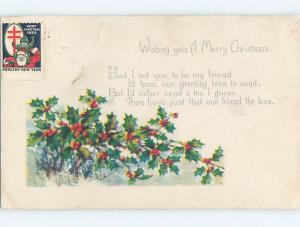 1920 uncancelled RED CROSS SANTA CHRISTMAS SEAL ON FRONT OF POSTCARD o3916