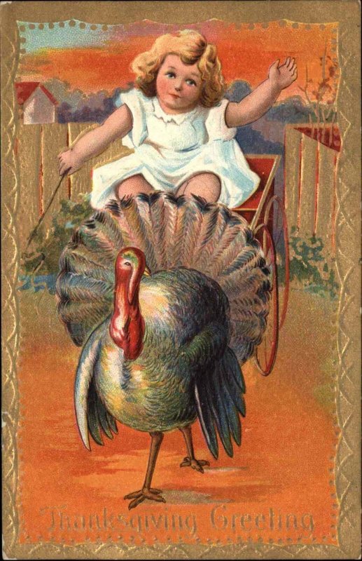 thanksgiving Little girl Rides in Wagon Pulled by Turkey c1910 Vintage Postcard