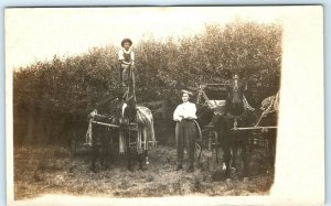 1910s Horses Carriage Trailer Rider Man Elevated RPPC Real Photo Big Trousers A8