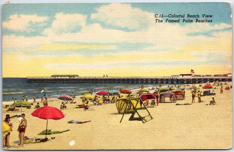 VINTAGE POSTCARD BEACH AND PIER SCENE AT THE PALM BEACHES FLORIDA c. 1930s 
