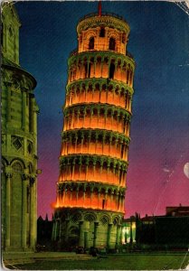 CONTINENTAL SIZE POSTCARD LEANING TOWER OF PISA AT NIGHT ITALY (has creasing)