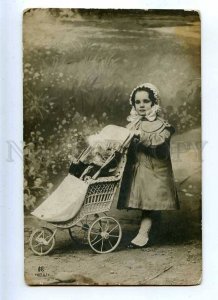 215971 Little Mom Girl & DOLL in buggy pram Vintage PHOTO card