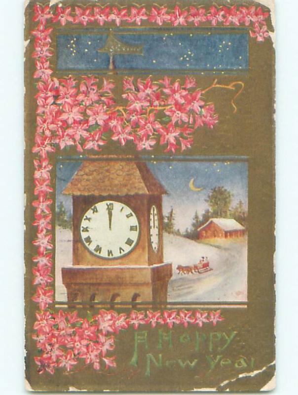Pre-Linen new year HORSE-DRAWN SLEIGH WITH CLOCK TOWER AND PINK FLOWERS k5203