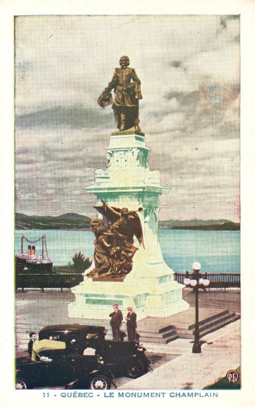 Vintage Postcard Le Monument Champlain Quebec Canada Old Car Water in Background