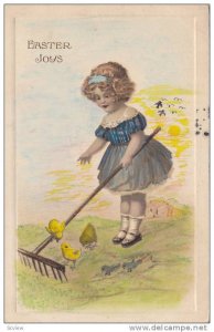 Easter Joys, Girl raking interrupted by playing chicks, PU-1913