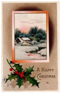 1912 A Happy Christmas Snowy Cottage Holly Berries Vintage Embossed Postcard