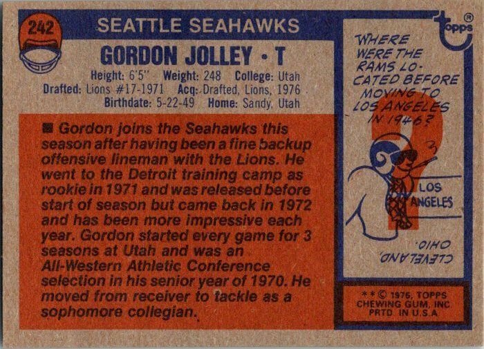 1976 Topps Football Card Gordon Jolly Seattle Seahawks sk4570