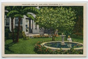 Courtyard View Child St John Hotel Charleston South Carolina linen postcard