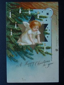 A HAPPY CHRISTMAS TO YOU Cherub on Christmas Tree c1902 UB Postcard Int Art Co.