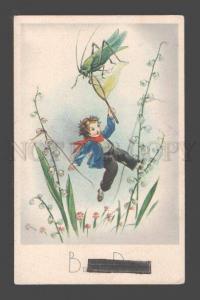 096494 Huge GRASSHOPPER & Boy FAIRY Vintage colorful PC