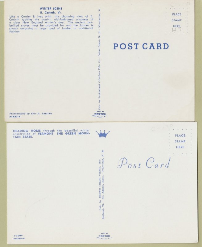 Winter Scene VERMONT Two Postcards Horses Hauling Logs