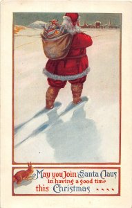 F97/ Santa Claus Christmas Postcard c1910 Toy Sack Snow Rabbit 19