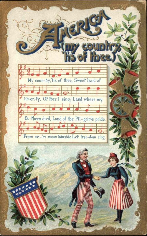 Patriotic Sheet Music American Anthem My Country Tis of Thee c1910 Postcard