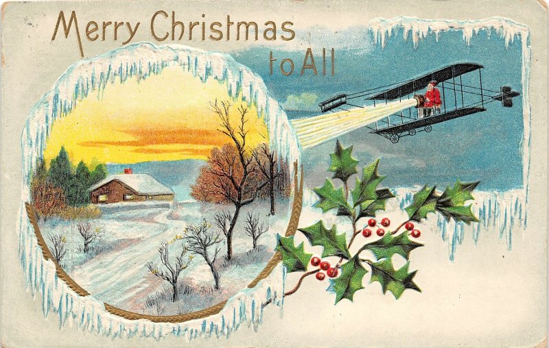 G68/ Santa Claus Christmas Postcard c1910 Flying Airplane Searchlight 13