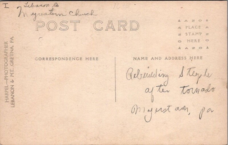 RPPC Postcard Rebuilding Steeple After Tornado Myerstown PA