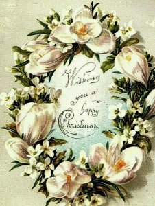 1880's Raphael Tuck Victorian Happy Christmas Card Floral Wreath P146 