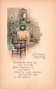 Vintage Postcard Cherry Christmas It's Warm Here By My Fireside Warmer In Heart