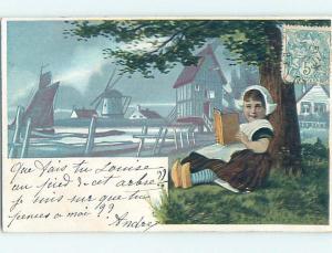 Pre-Linen foreign signed CUTE EUROPEAN GIRL READING HER BOOK UNDER TREE HL8169