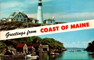 Maine Greetings From The Coast Of Maine Split View With Fishing VIllage and P...