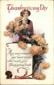 Thanksgiving Pretty Woman Flowers Turkey c1910s Postcard