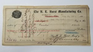 H.L. HURST MANUFACTURING GREENWICH OHIO Company Check 1918 Bank Draft Rev Stamps