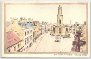 Vintage Elgin High Street & Market Cross Scotland Pencklette Postcard