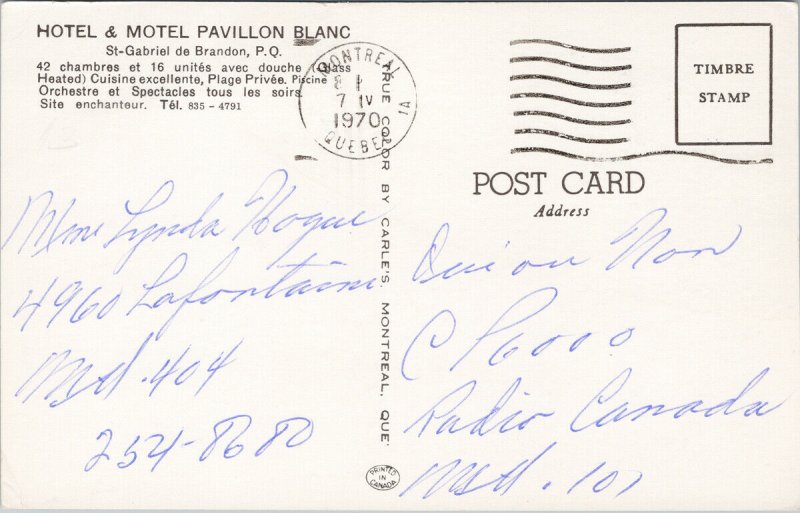 Hotel & Motel Pavillon Blanc St. Gabriel de Brandon QC Vintage Postcard F38
