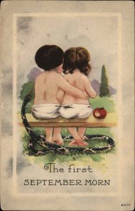 First September Morn Adam and Eve Toddlers Serpent Christianity c1910 Postcard