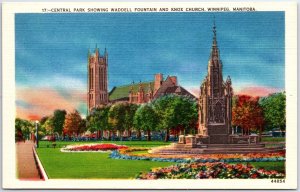 VINTAGE POSTCARD WADDELL FOUNTAIN AND KNOX CHURCH CENTRAL PARK WINNIPEG MANITOBA