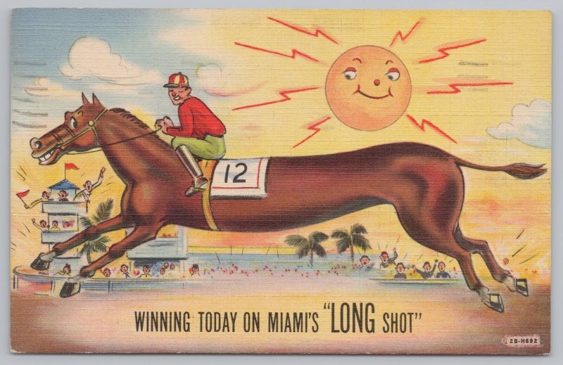 Comic~Exaggerated Long Horse Wins Race~Miami Florida~Linen Postcard