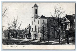 Savanna Illinois IL Postcard Third Street Church Residence Scene 1909 Trees