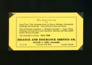 Finance And Insurance Service Co. Loveland Colorado Vintage Advertising Card