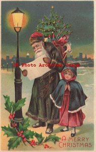 Christmas, BW No 296, Black Robe Santa with Gifts Reading Directions
