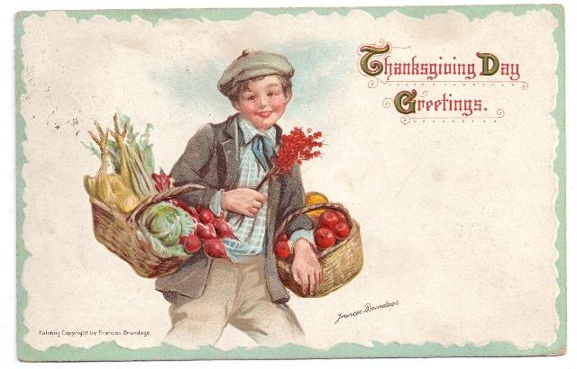 Signed Brundage Boy Baskets of Plenty Vintage Embossed Thanksgiving Postcard