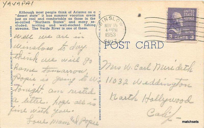1953 COTTONWOOD Arizona Fishing Verde River Linen TEICH postcard 1183 Yavapai