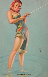 Pin Up Girl Fishing Fishermens Luck Moran Arcade Card AA70465