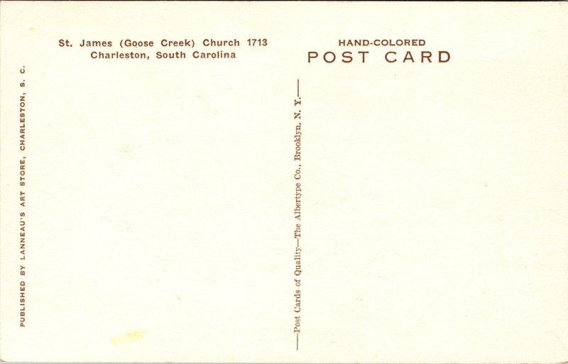 Vtg Charleston South Carolina SC James Goose Creek Church Hand Colored Postcard