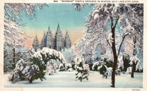 Salt Lake City UT-Utah, Mormon Temple Grounds In Winter, Vintage Postcard