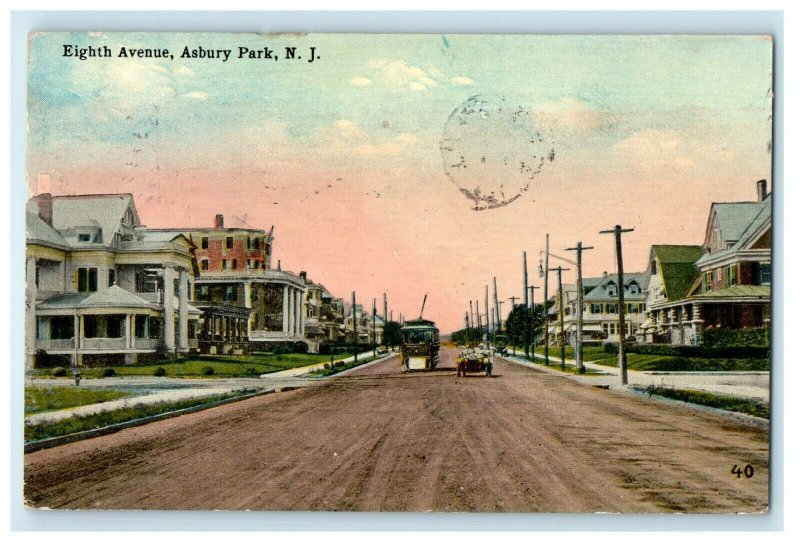 1918 Eight Avenue Trolley Train Asbury Park New Jersey NJ Antique Postcard 