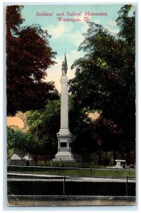 1914 Soldiers Sailors Monument Sculpture Statue Park Waukegan Illinois Postcard