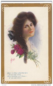 AS; Heinze, Portrait of Brunette Woman, Poem, Roses, Gold Border, PU-1909