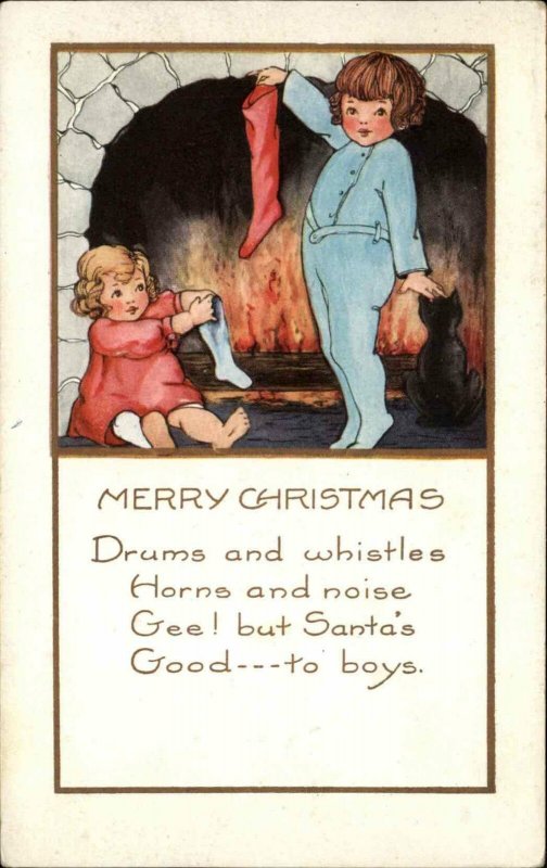 Whitney Christmas Children With Stockings at Fireplace Vintage Postcard