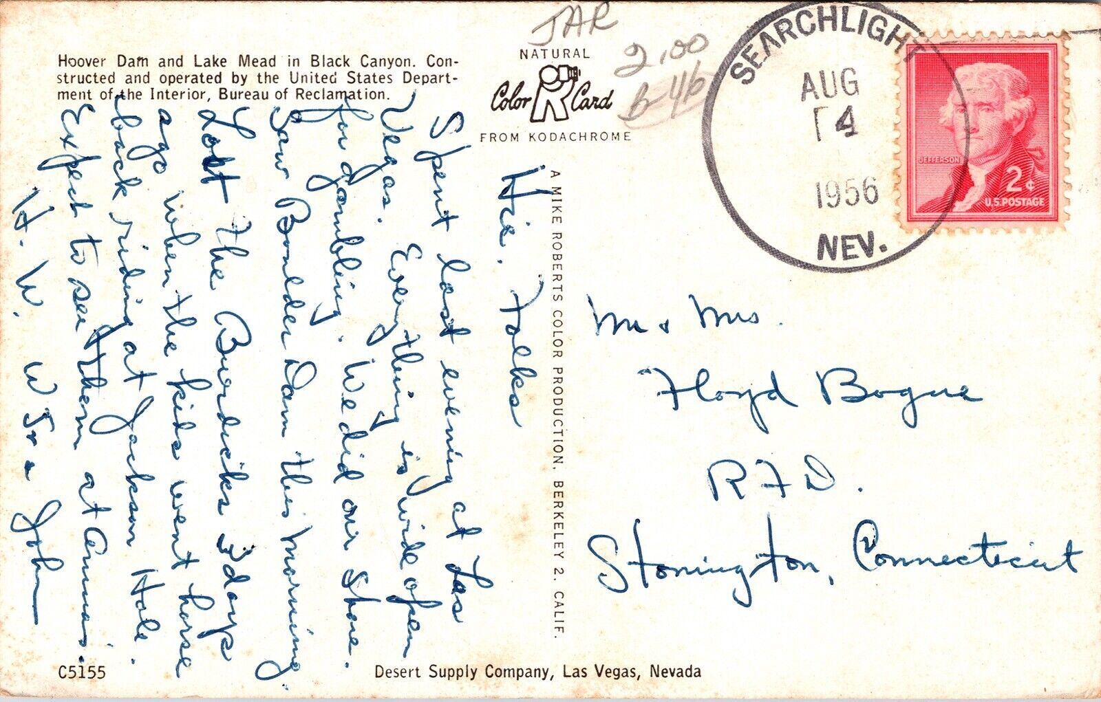 Hoover Dam Lake Mead Black Canyon Aerial View Postcard PM Searchlight