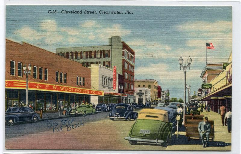 Cleveland Street Scene Cars Woolworth Store Clearwater Florida 1954 postcard