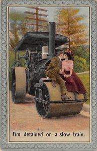 Man and Woman Kissing on a Steam Roller Farming Equipment Unused 