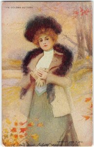 THE GOLDEN AUTUMN Artist-Signed Rufus Hill Woman w/ Gloves 1906 RPO Postcard