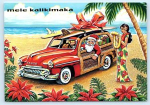 MELE KALIKIMAKA from HAWAII ~ Merry Christmas SANTA & WOODY WAGON 4x6 Postcard